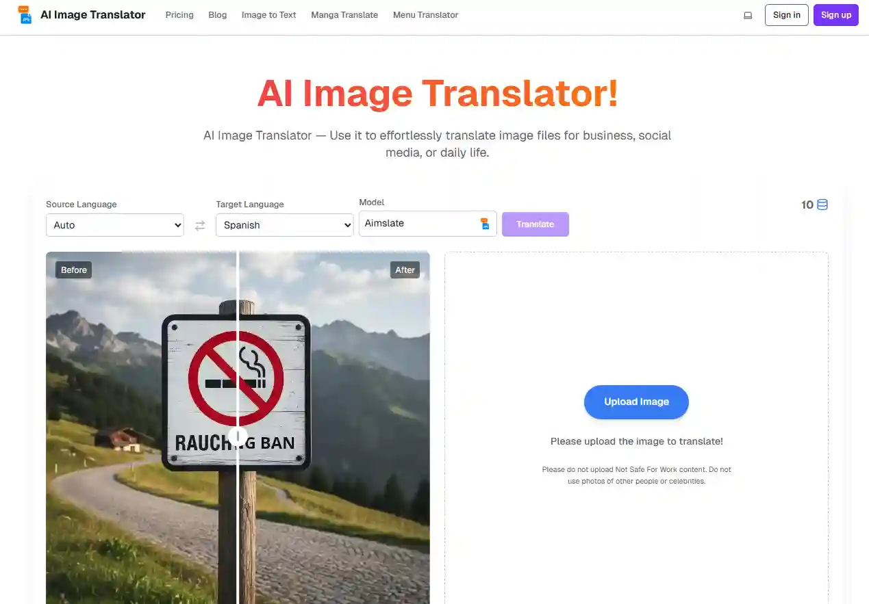 Screenshot of Ai ImageTranslator illustrating how to translate from an image, combining OCR extraction and AI repaint to preserve layout and style while delivering accurate, readable translated photo text.
