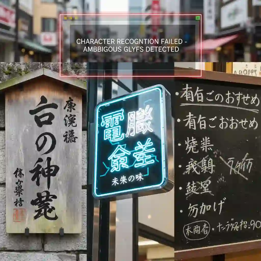 Demonstration of a kanji translator image accurately recognizing stylized fonts and handwritten Japanese characters, using OCR to extract text from challenging backgrounds and convert it into readable, natural English output for quick comprehension.