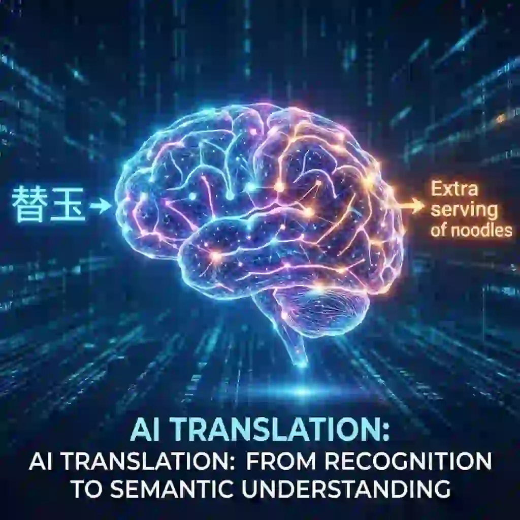 AI translation engine processes OCR output from a kanji translator image, analyzing grammar and context to generate fluent English, turning raw character recognition into meaningful, readable sentences suitable for travelers and learners.