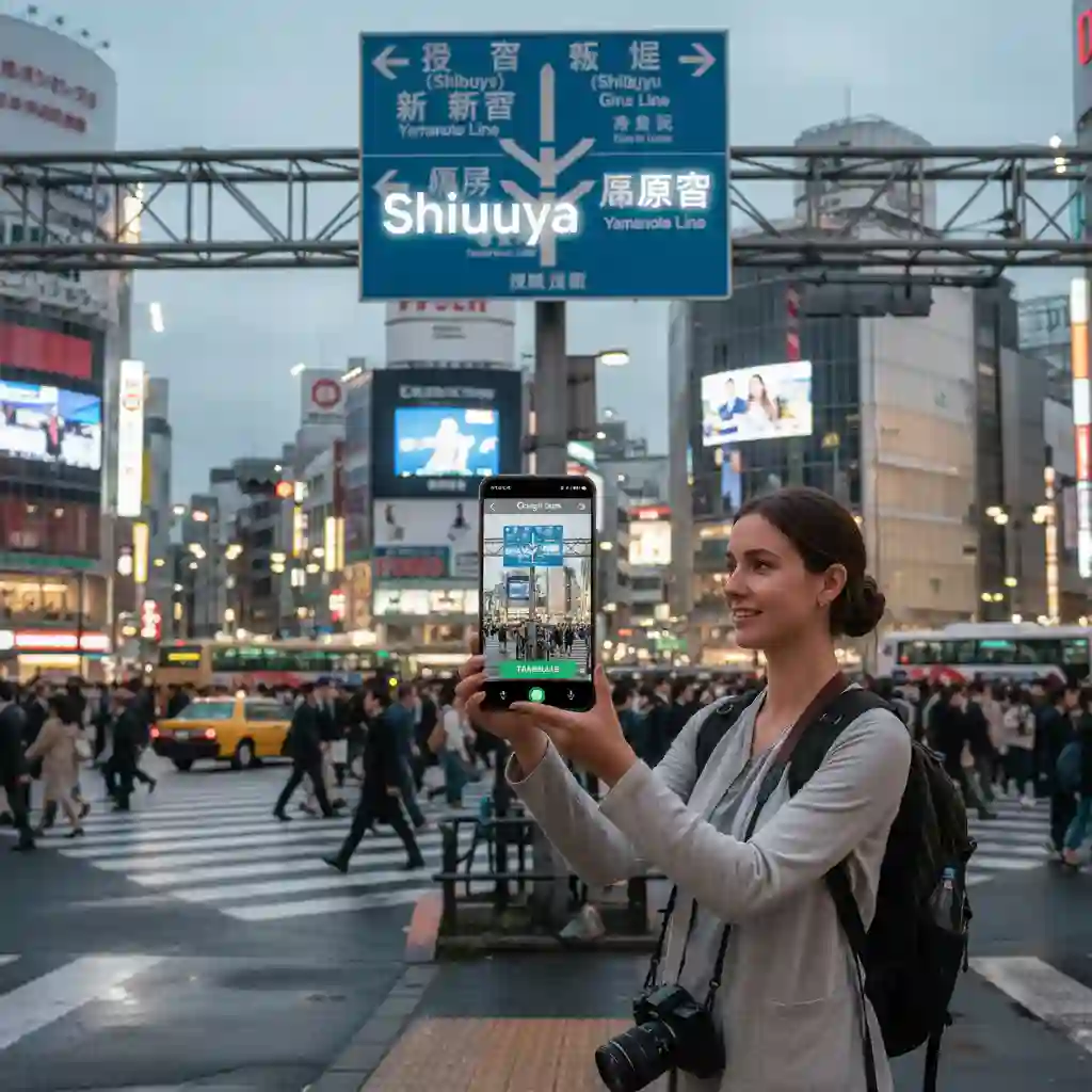 Google Lens demonstration highlighting instant camera translation to translate japanese image to english for travelers, menus, and signage, showing easy point-and-translate usability and quick comprehension.