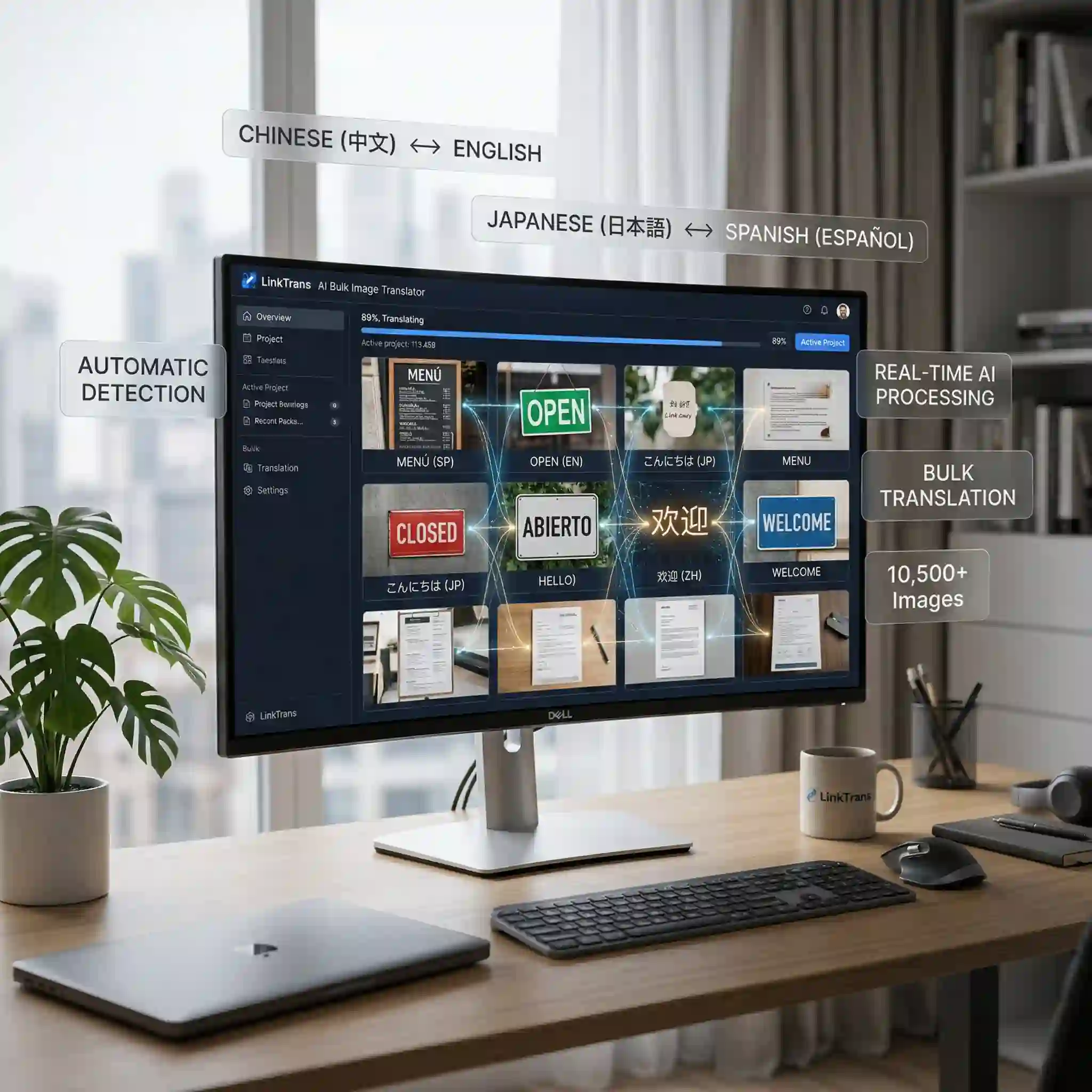 Office desk scene showing a multilingual screen and operator using a bulk image translator to manage multiple uploaded visuals, review translated previews, and keep a production workflow organized for large batches of marketing images, interface screenshots, and business content.