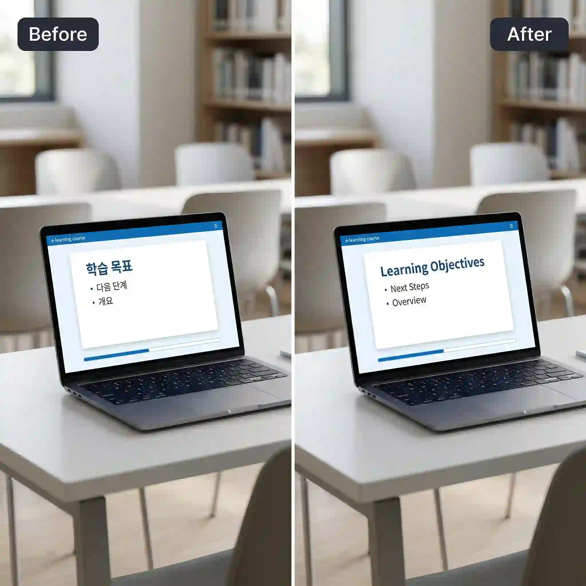 Training slide comparison on a laptop screen shows a bulk image translator localizing educational content, helping instructors and course teams update lesson visuals, preserve structure, and publish clearer multilingual materials for students reviewing tutorials, onboarding modules, and classroom resources.