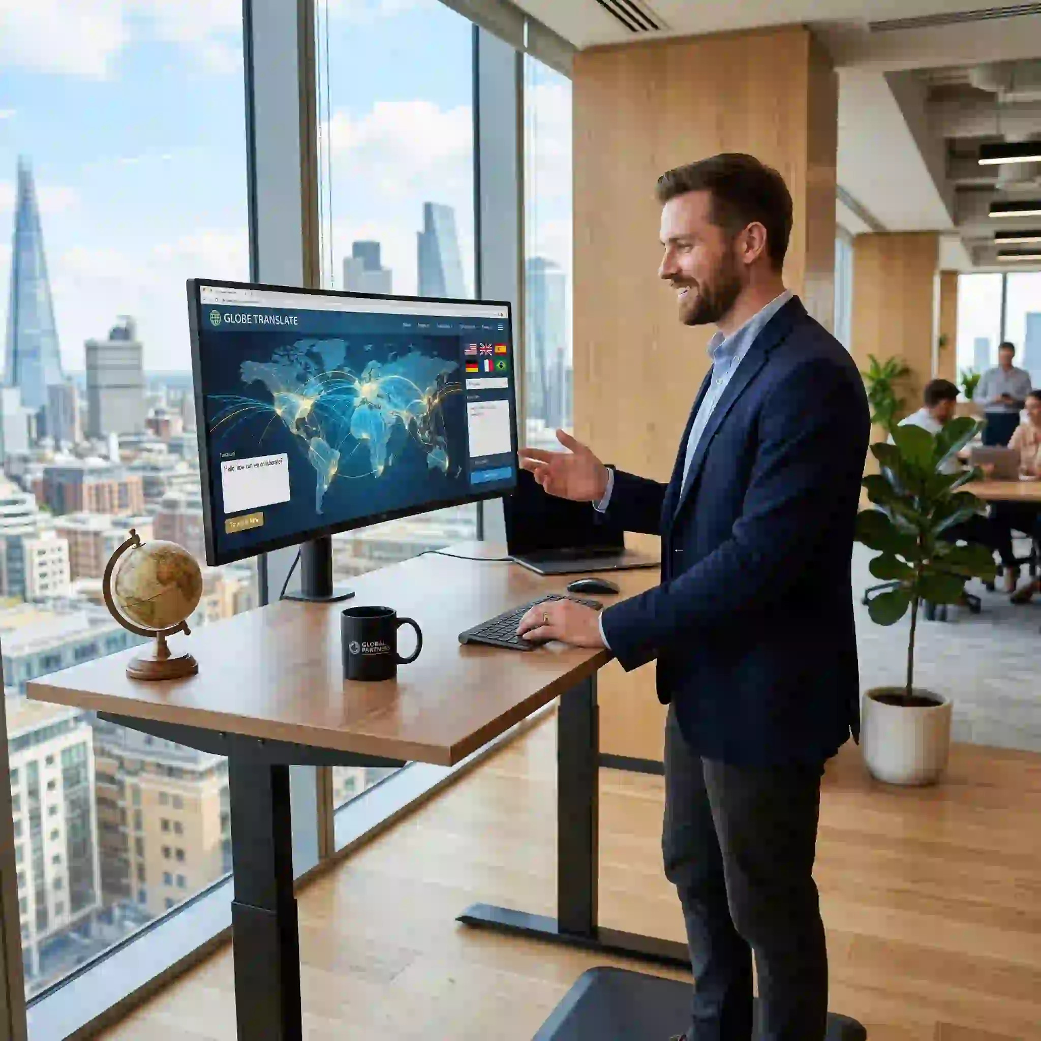 Business professional presenting a global content dashboard suggests how a bulk image translator can support large localization programs, giving teams a practical way to scale multilingual visuals, coordinate campaigns, and move from upload to completed assets with less manual production work.