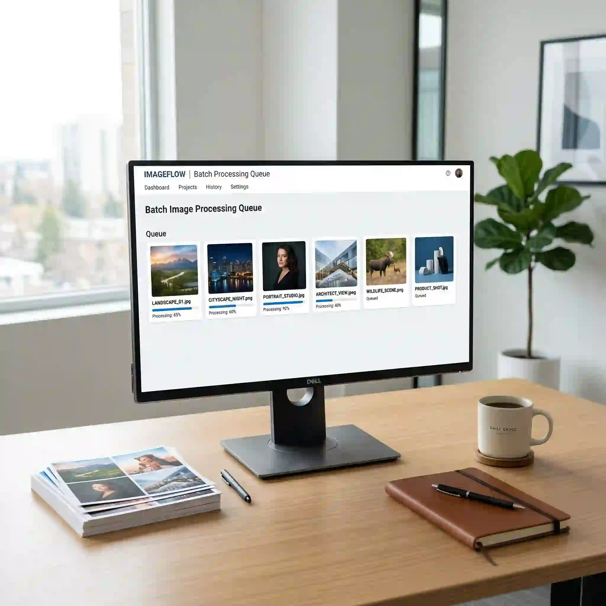 Clean desktop display showing queued jobs inside a bulk image translator, with multiple files moving through a batch pipeline that highlights background processing, grouped uploads, and faster turnaround for teams handling multilingual visual assets in one coordinated workspace.