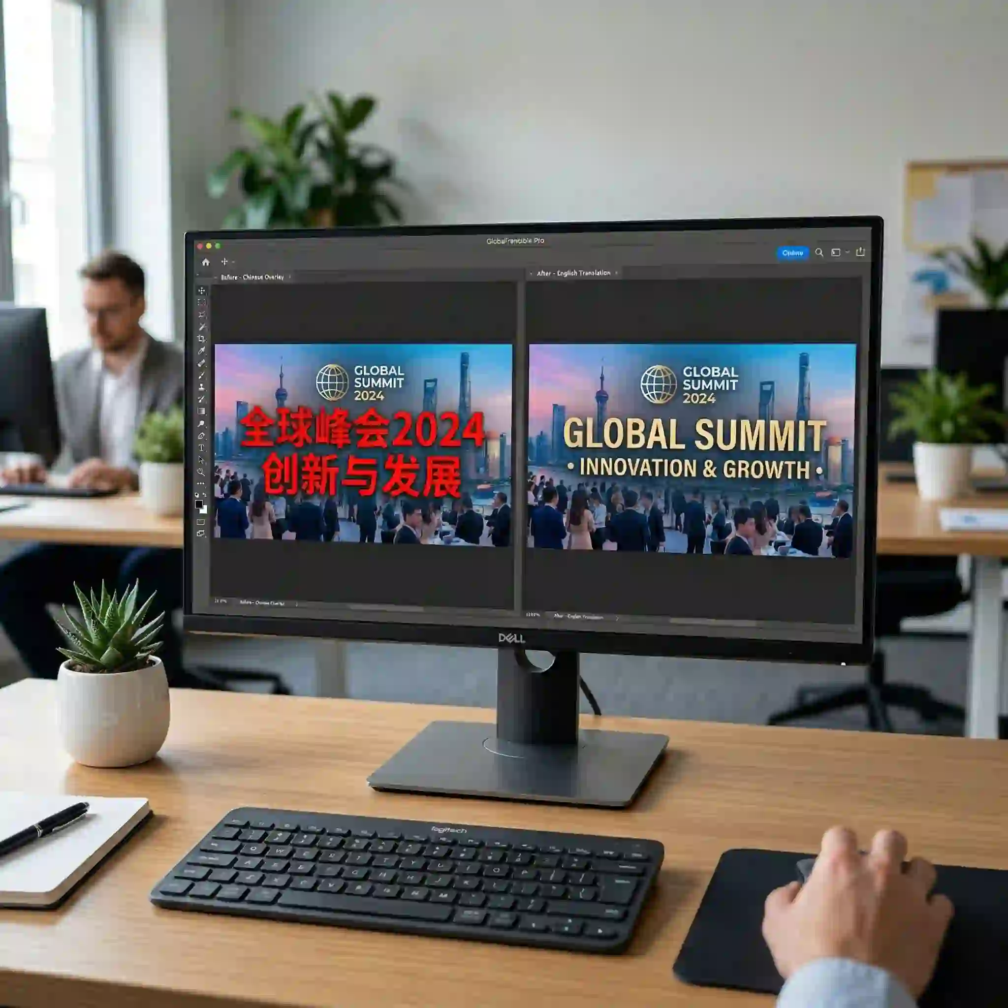 Side by side campaign artwork on a monitor demonstrates how a bulk image translator can replace original wording, preserve composition, and deliver a localized poster that still feels visually balanced, branded, and ready for international publishing without manual redesign.