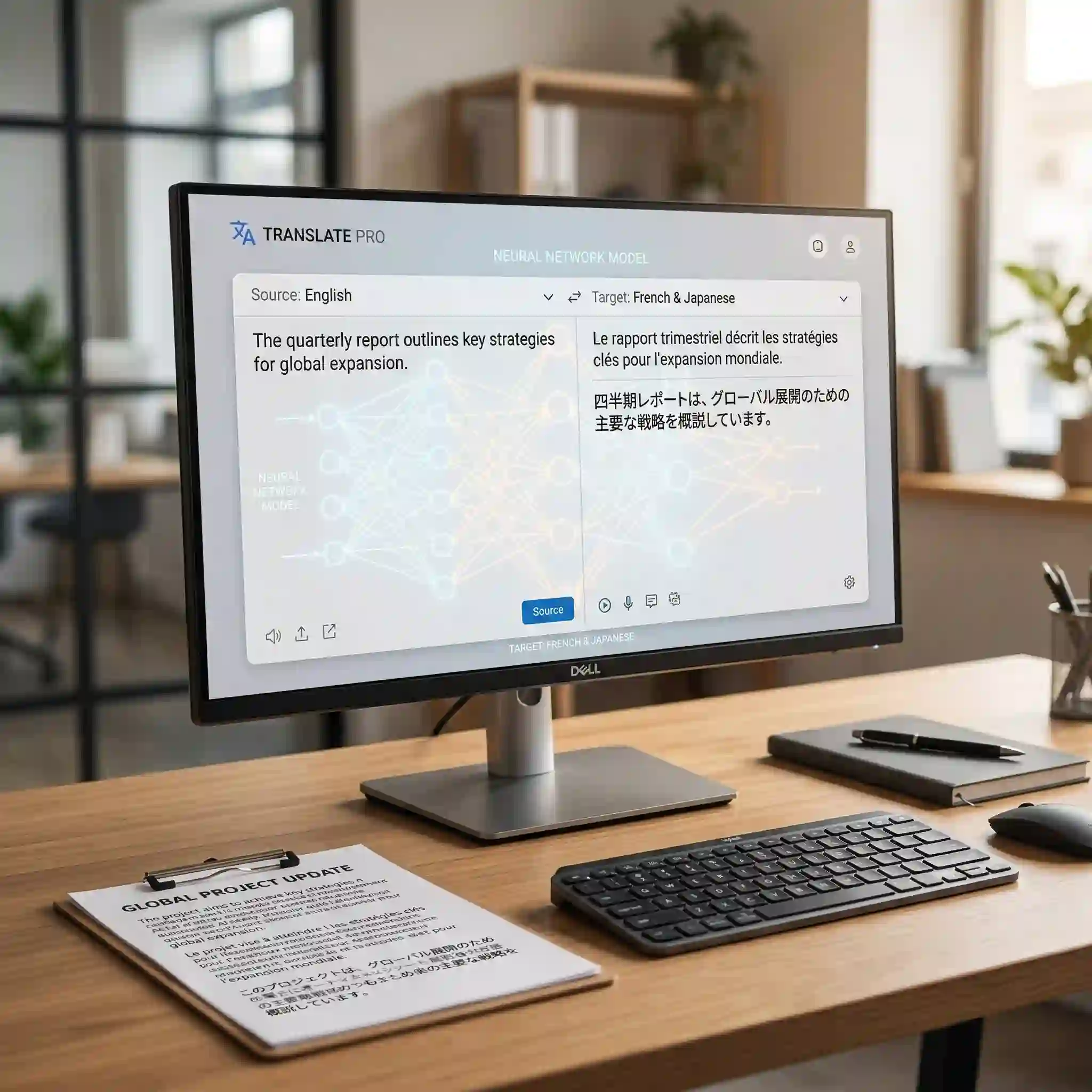 Modern translation dashboard on a desktop monitor presents multilingual output from a bulk image translator, illustrating how context aware processing can support business reports, interface text, and global communication assets while maintaining readable structure across more than one target language.