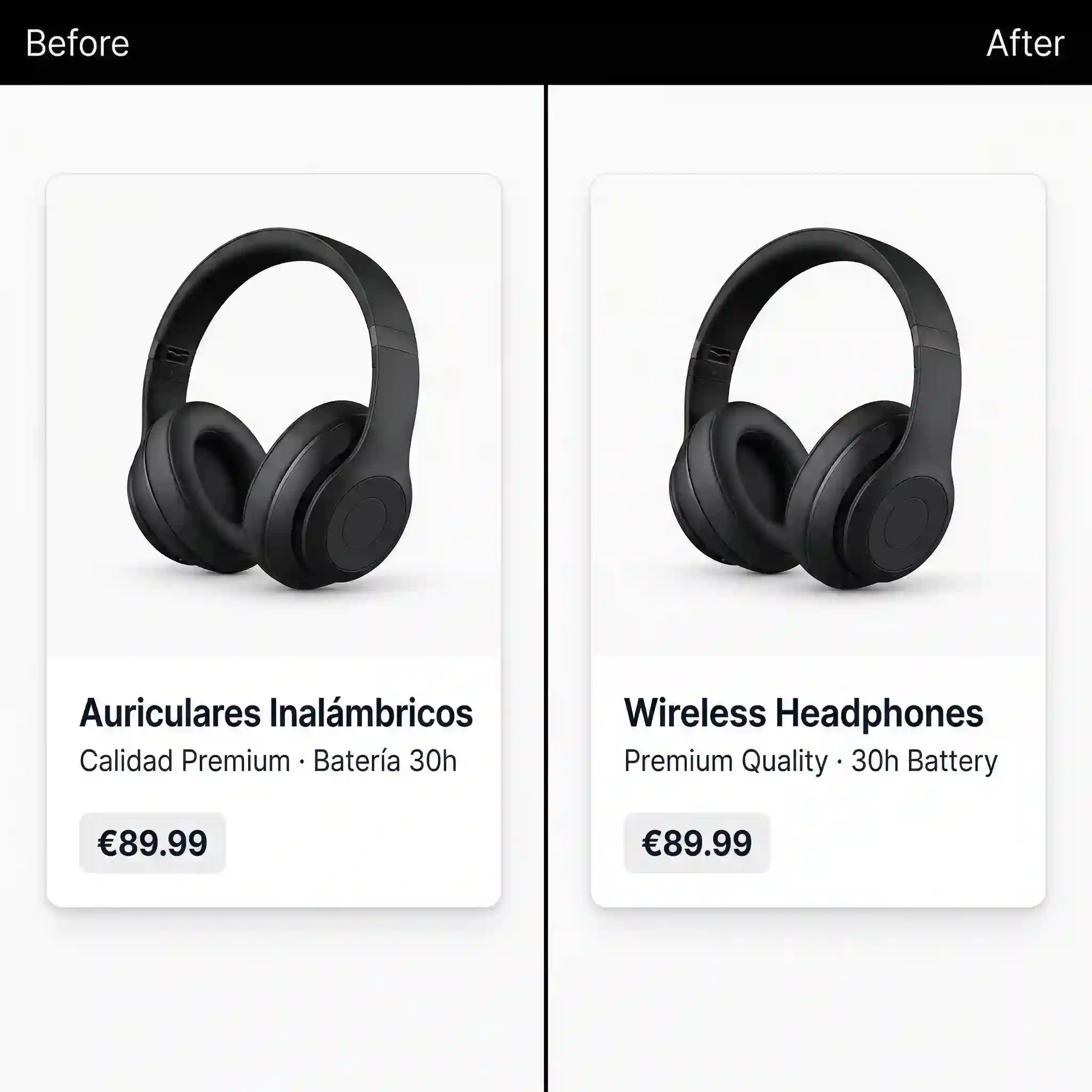 Product card comparison for headphones shows a bulk image translator turning retail copy into localized sales text while keeping pricing, hierarchy, and product focus intact, making it easier for ecommerce teams to publish consistent listings across several language specific storefronts.