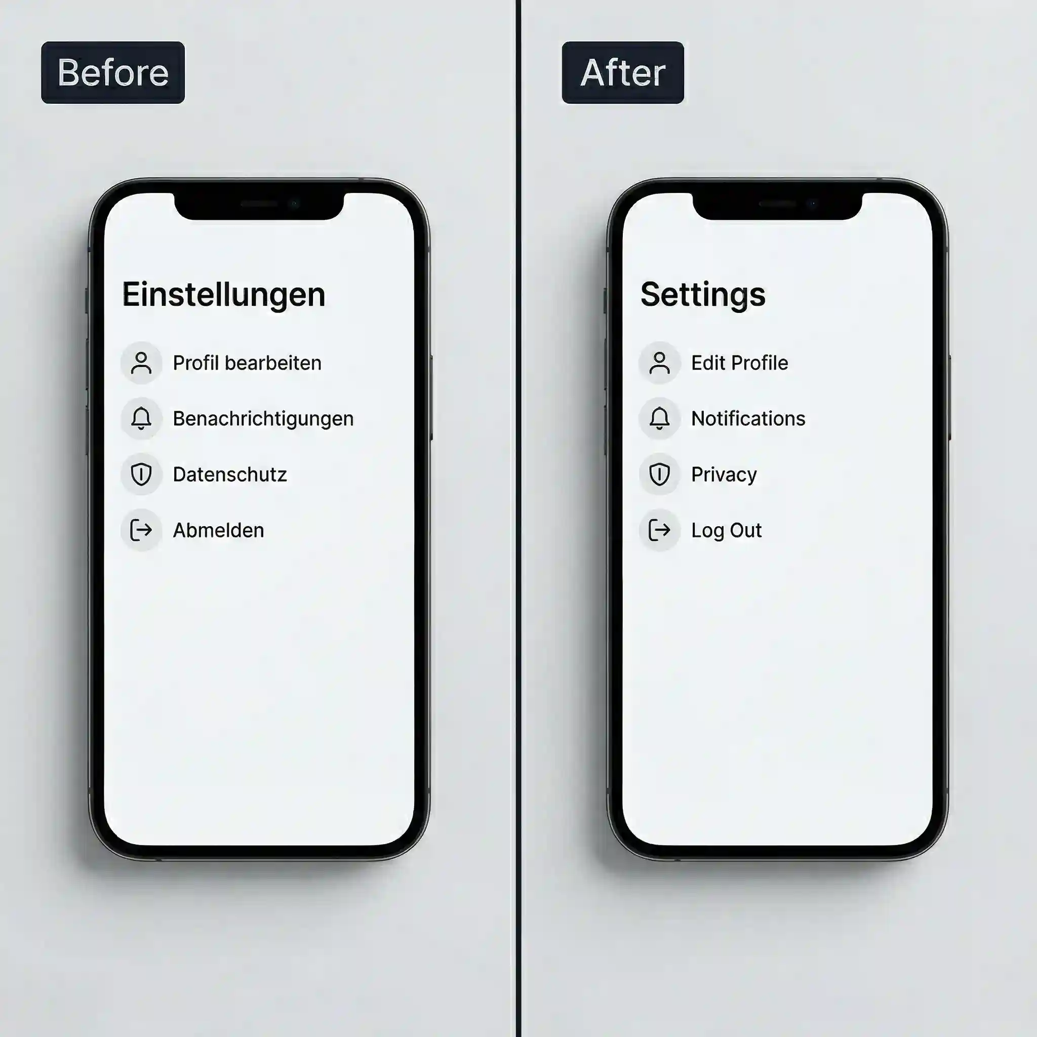 Mobile settings screens displayed before and after localization show a bulk image translator adapting interface labels for app users, preserving spacing, icon alignment, and clean visual hierarchy so product teams can prepare multilingual screenshots for launch pages and app stores.