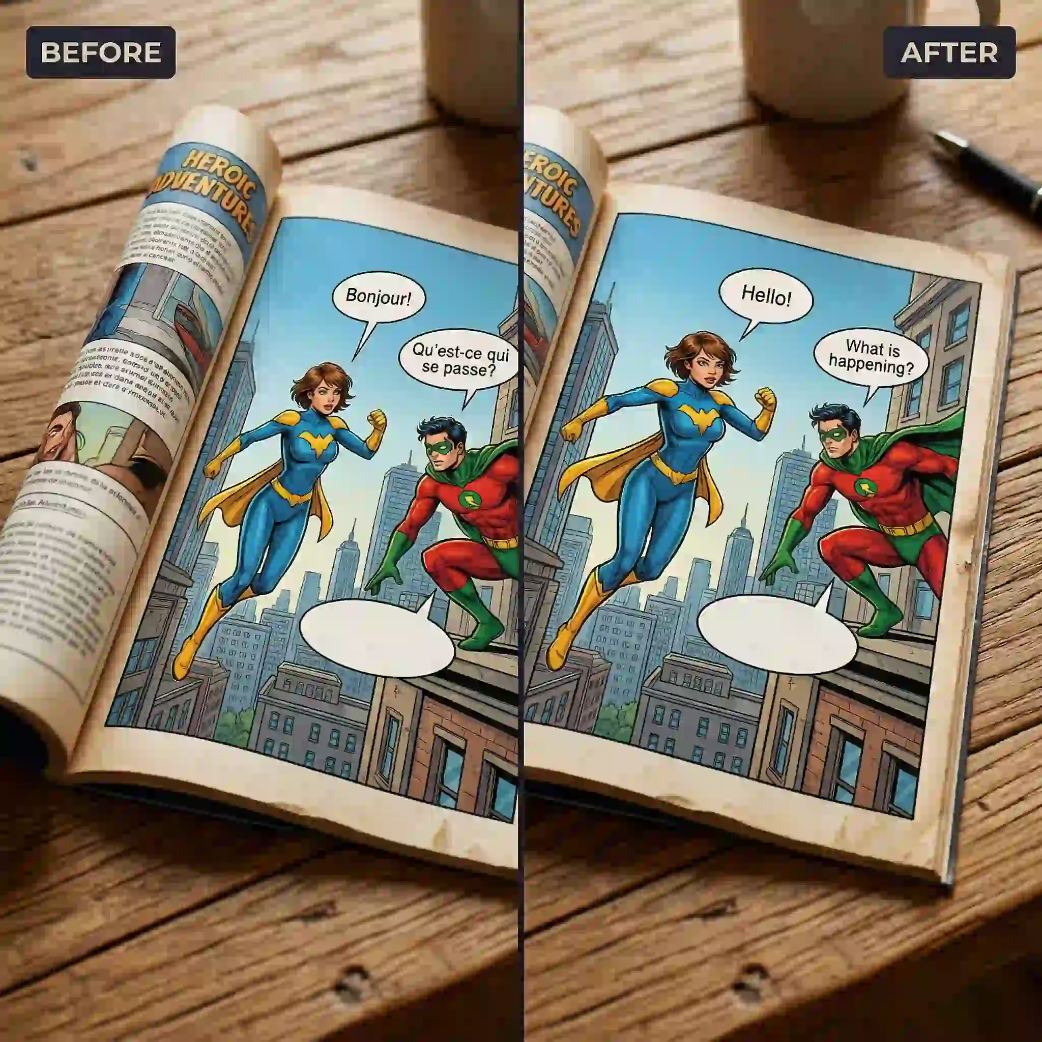 Comic page artwork with translated speech bubbles highlights a bulk image translator handling illustrated storytelling, preserving panel flow, character focus, and scene readability while replacing dialogue for readers who need localized entertainment content without sacrificing the look of the original page.