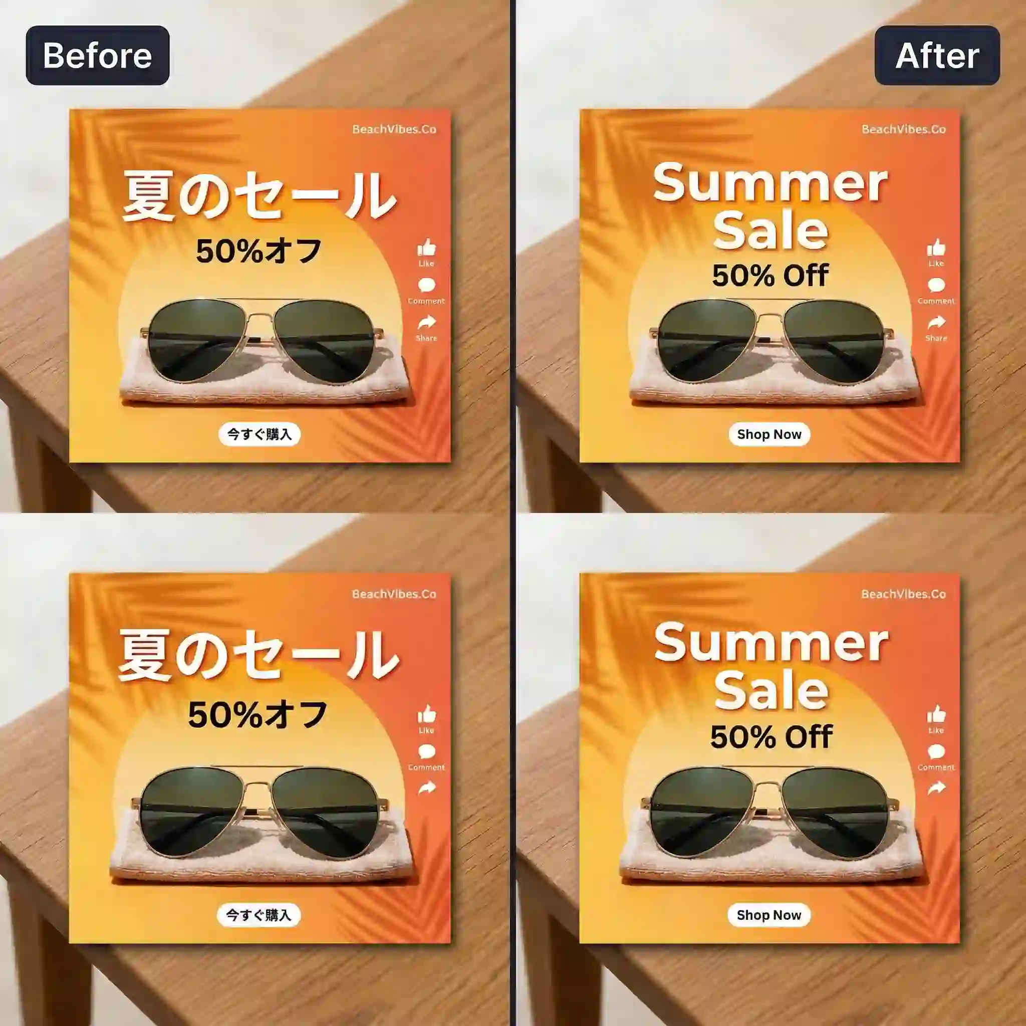 Social sale creatives displayed in multiple versions show a bulk image translator converting promotional text for seasonal campaigns, helping marketers reuse the same visual concept, product styling, and call to action across multilingual social posts, paid ads, and branded content.