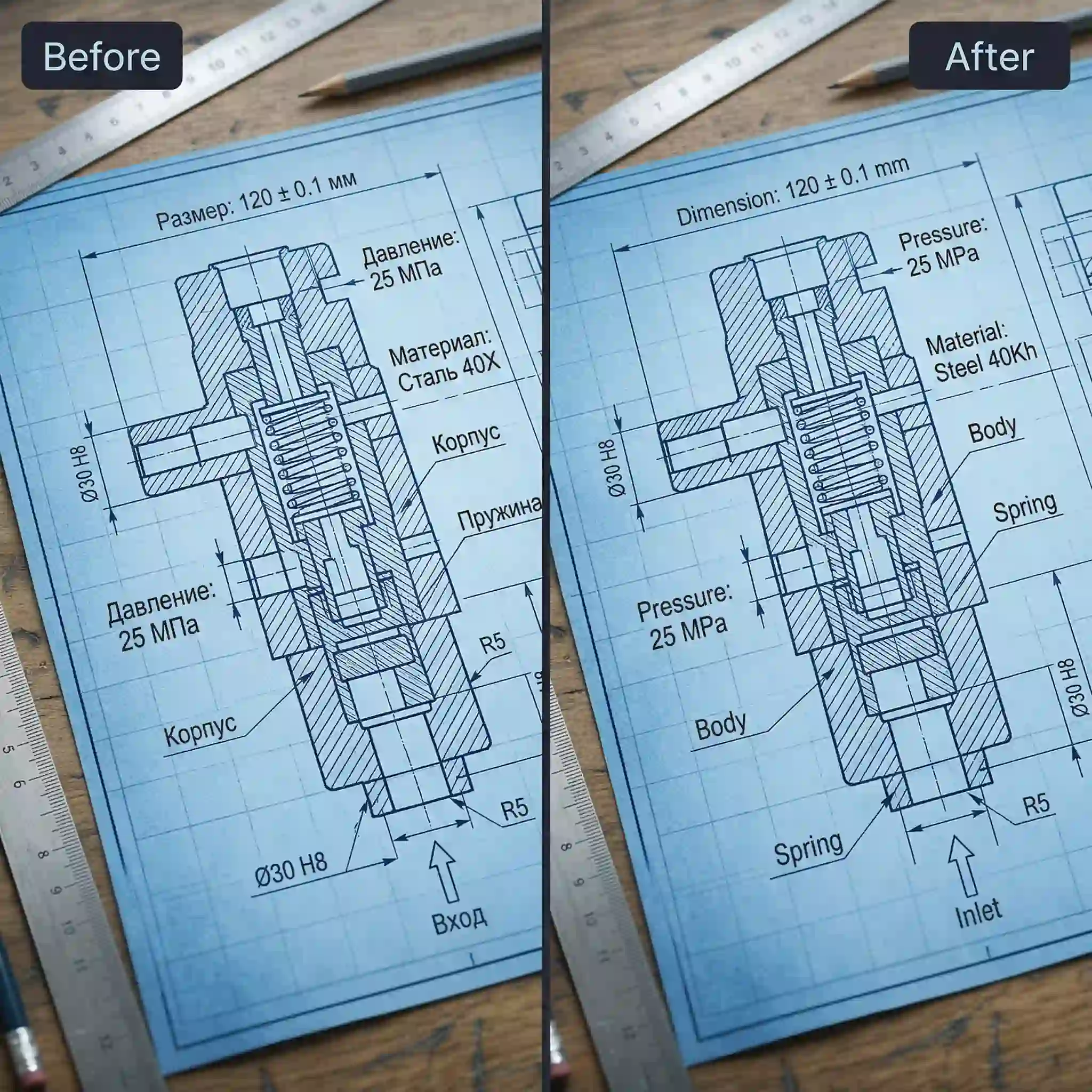 Technical drawing comparison illustrates a bulk image translator converting engineering labels and measurements into another language while preserving diagram clarity, annotation placement, and document usability for manufacturers, field teams, and cross border collaborators who rely on accurate visual references.