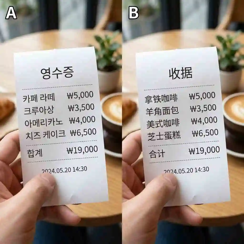A traveler organizing receipts and using a phone to show how to translate text from an image for expense tracking.