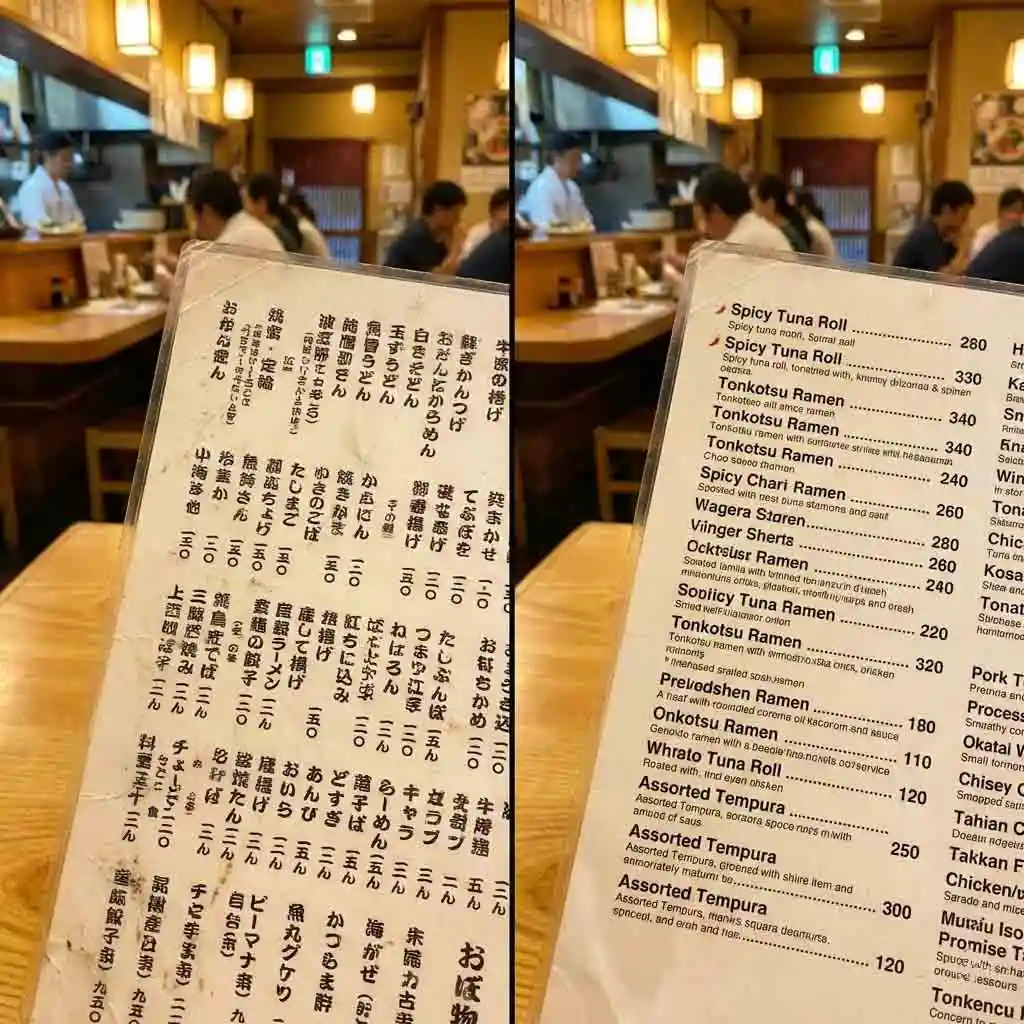 A traveler using a phone to scan a foreign menu, demonstrating how to translate text from an image instantly for easier ordering abroad.