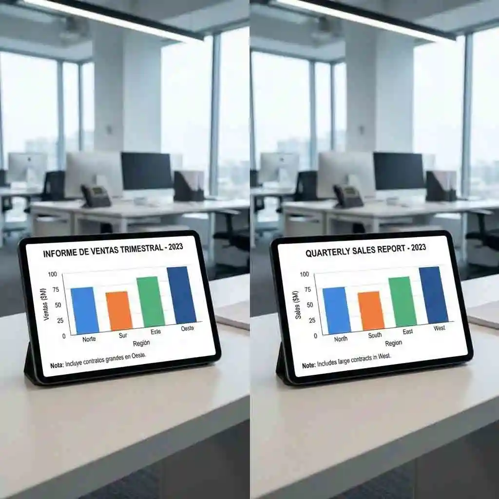 Professional business documents and charts on a desk, highlighting how to translate text from an image for accurate international reporting.