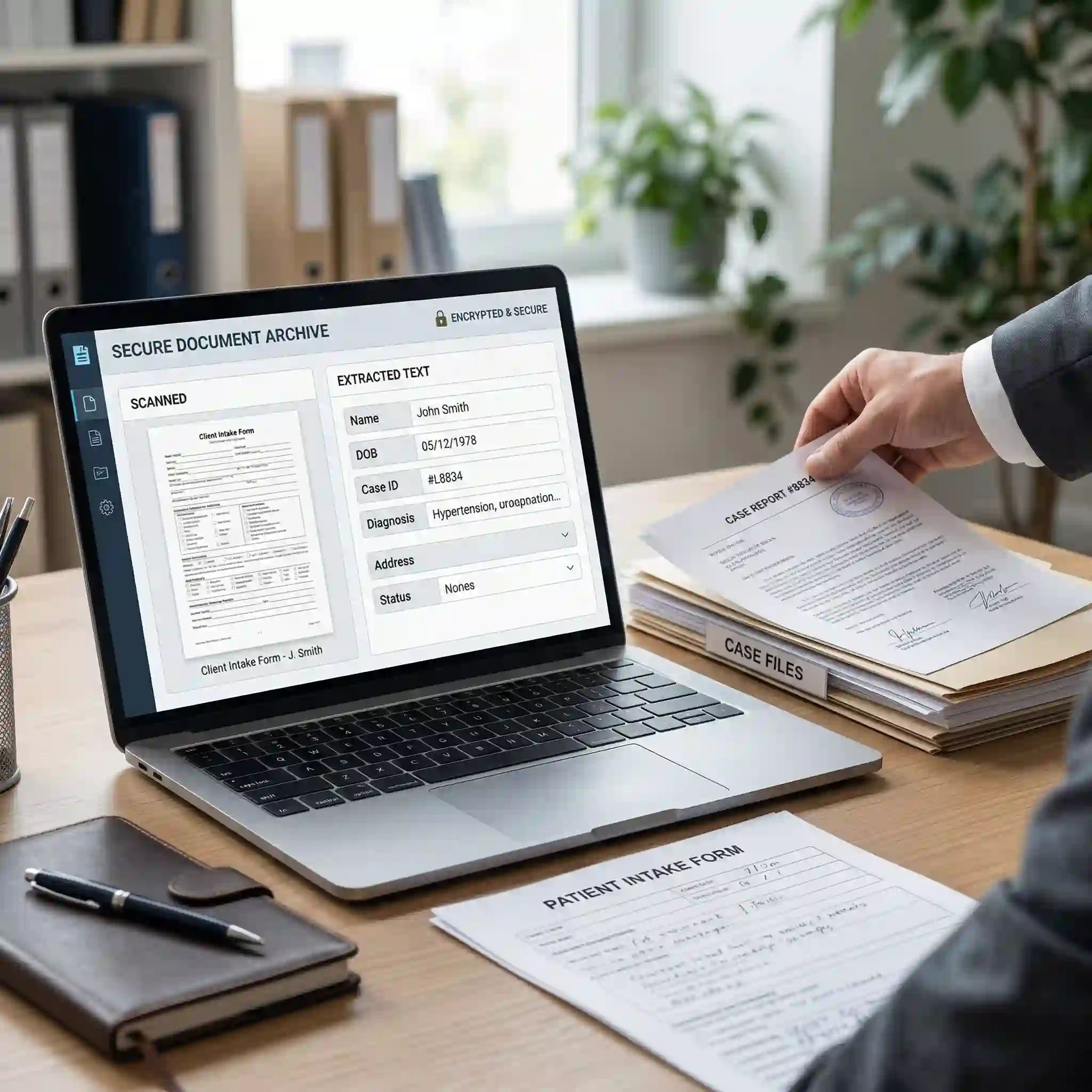Confidential records workflow showing image to text AI digitizing sensitive legal or medical documents for accurate archival and retrieval.