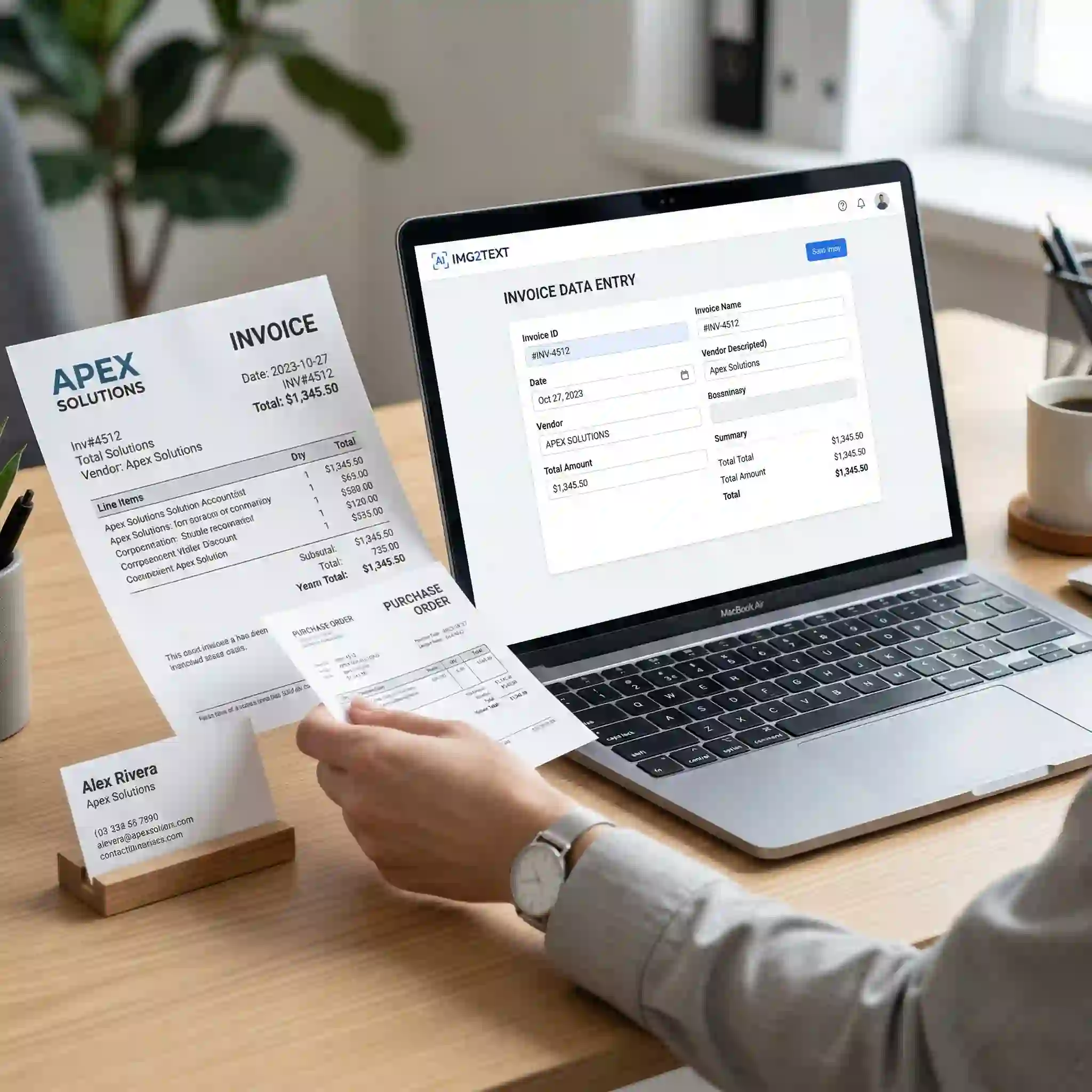Administrative document processing scene where image to text AI extracts invoice and business-card text into accurate digital records.