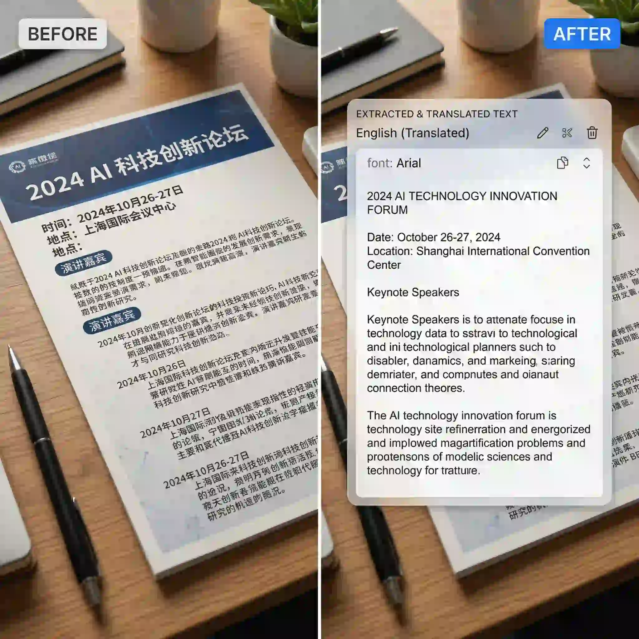Translation preparation workflow with image to text AI extracting foreign-language poster text before localization and editing.