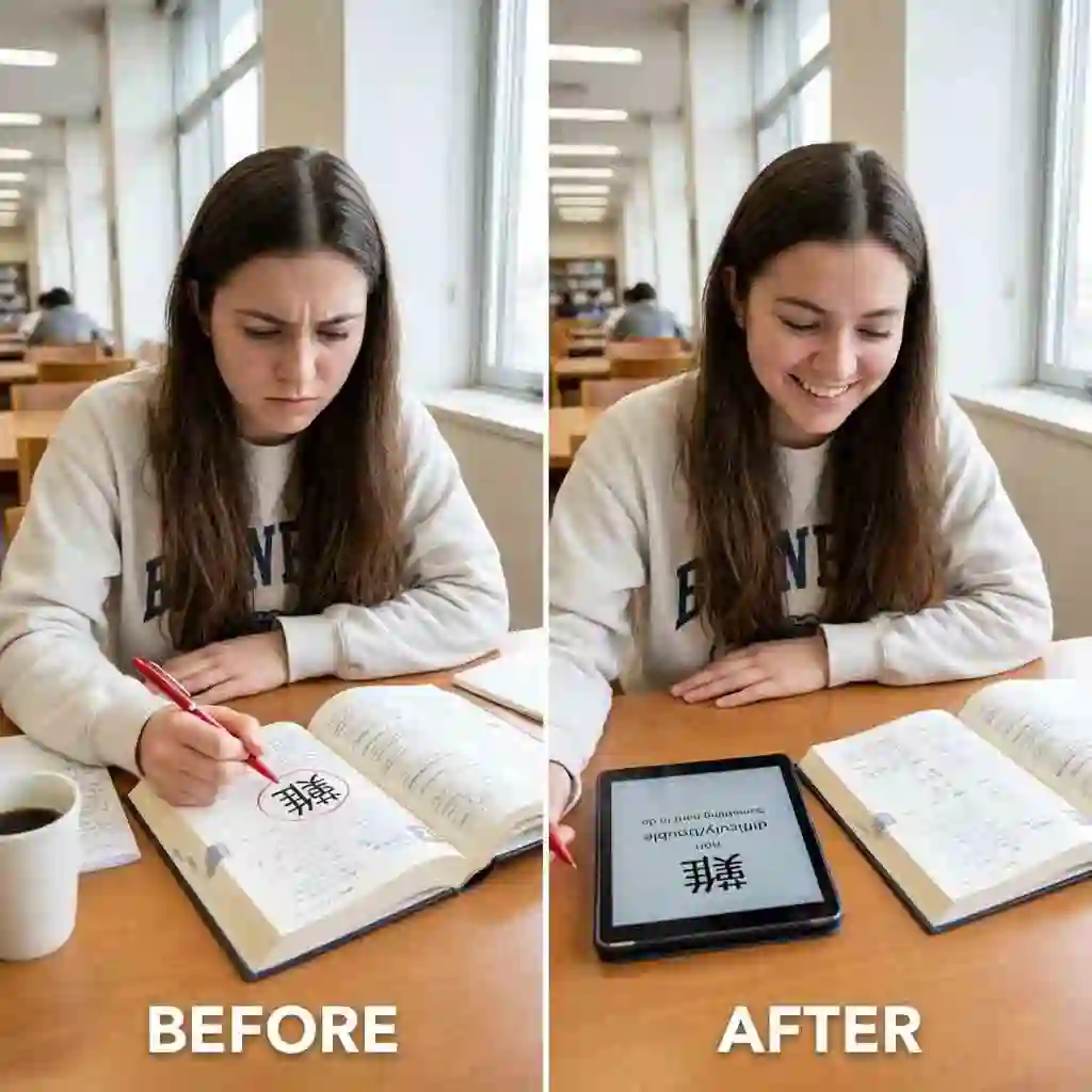 Language learners compare original text when they use the kanji translator image tool on materials, enhancing vocabulary and grammar skills through real-world examples and instant feedback.