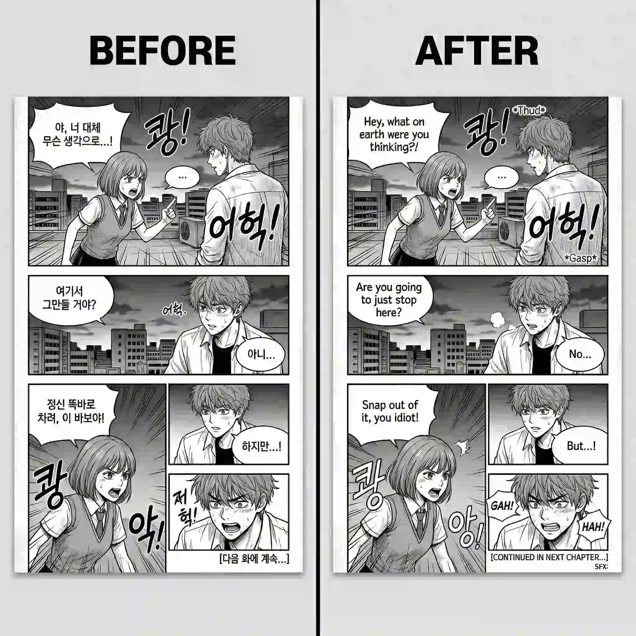 Localized manga page turned into a natural English edition with preserved composition and readable dialogue, illustrating how fans can create polished English versions from Japanese or Korean source pages.