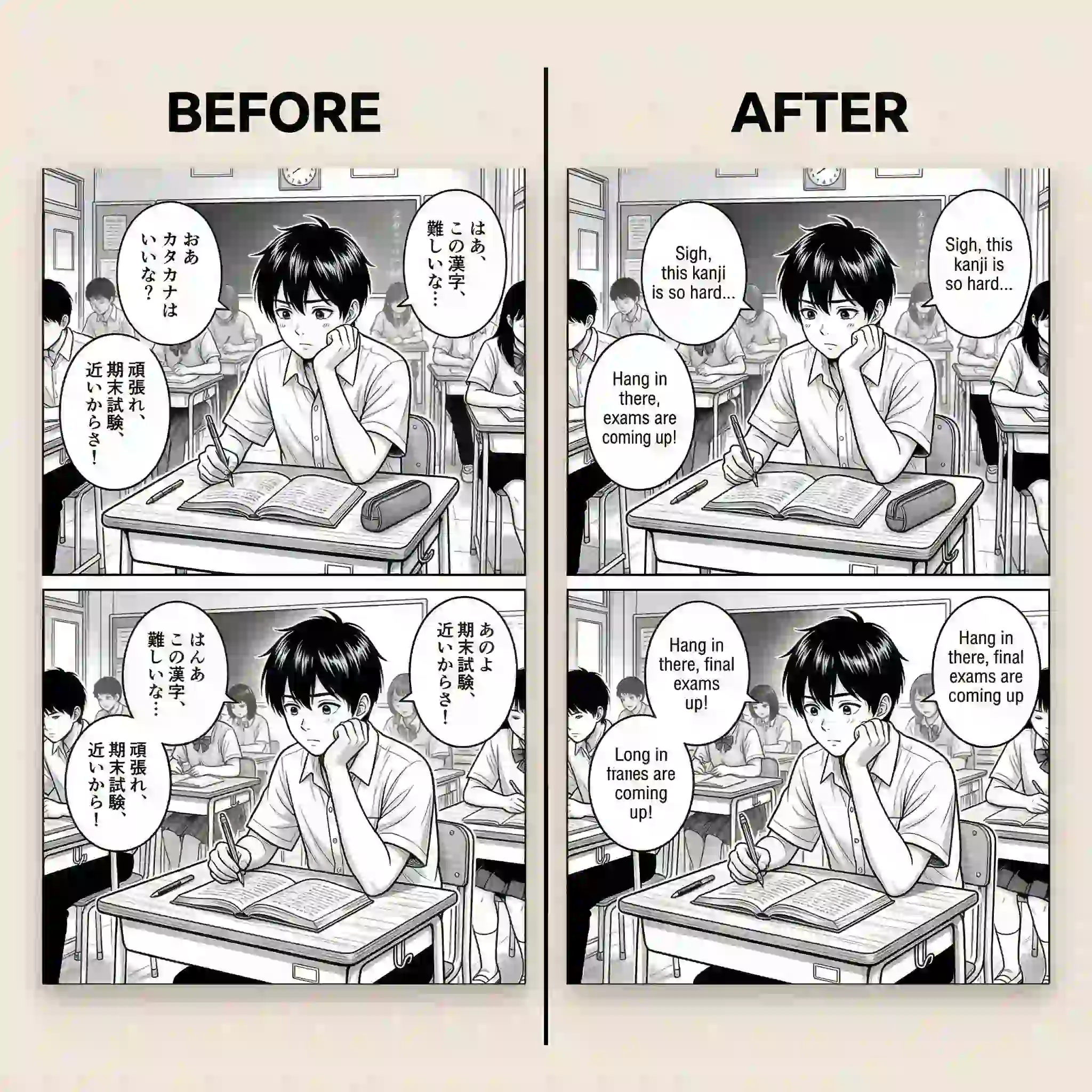 Study-friendly manga page with original artwork preserved and translated dialogue inserted cleanly, helping language learners compare context and layout while reading manga in English.