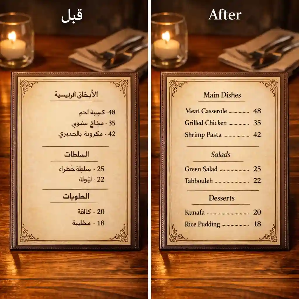 Enjoy authentic local meals without guessing ingredients by using our handy tool to translate photo from arabic to english at foreign restaurants quickly.